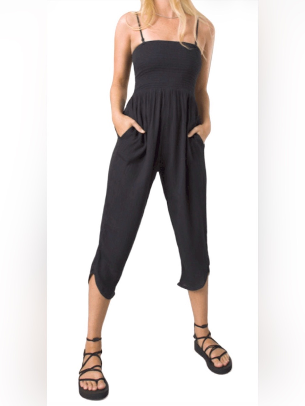 NEW PRANA BLACK FERNIE SMOCKED JUMPSUIT PANTS ROMPER 1973221 SIZE SMALL